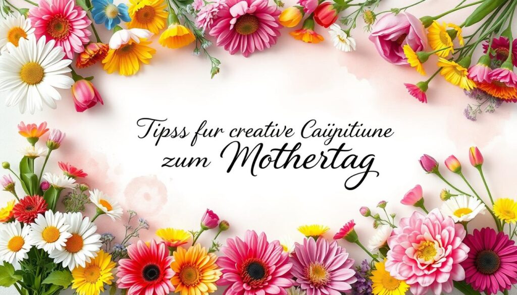 A vibrant bouquet of colorful spring flowers, including daisies, tulips, and chrysanthemums, cascades across the frame, framing a hand-painted watercolor background in soft pastel hues. In the center, an elegant calligraphic script flows gracefully, presenting the words "Tipps für kreative Gestaltung zum Muttertag" in a visually striking and artful manner. The overall composition evokes a sense of warmth, joy, and thoughtful celebration, perfectly capturing the spirit of Mother's Day.