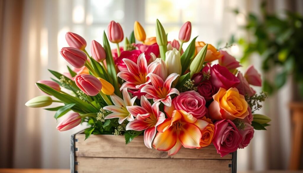 A vibrant bouquet of fresh flowers, including tulips, lilies, and roses, arranged in a rustic wooden crate or basket. The arrangement is set against a soft, blurred background, with dappled sunlight filtering through a window, creating a warm, inviting atmosphere. The lighting is gentle and natural, highlighting the vivid colors and textures of the flowers. The overall composition conveys a sense of thoughtfulness, care, and the celebration of motherhood.