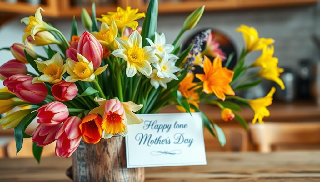 A vibrant bouquet of freshly picked flowers, including colorful tulips, daffodils, and fragrant lilies, fills the foreground. The flowers are artfully arranged in a rustic, wooden vase, casting warm, soft lighting across the scene. In the middle ground, a delicate, handcrafted card with a heartfelt message rests against the vase, its elegant calligraphy hinting at the sentiment within. The background features a cozy, domestic setting, such as a kitchen counter or a wooden table, creating a sense of intimacy and appreciation for the simple pleasures of home. The overall mood is one of thoughtfulness, love, and the joy of celebrating a special occasion, like Mother's Day.