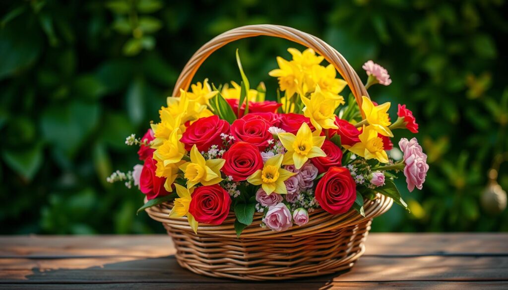 A vibrant bouquet of freshly picked flowers, including red roses, yellow daffodils, and delicate pink carnations, arranged in a rustic wicker basket. The flowers are bathed in soft, warm lighting that casts a gentle glow, creating a cozy and inviting atmosphere. The basket sits on a wooden table, surrounded by a lush, verdant background that suggests a tranquil, garden-like setting. The overall composition evokes the sentiment of Mother's Day, capturing the essence of the "Muttertagsduft" theme with its natural, organic elements and soothing aesthetic.
