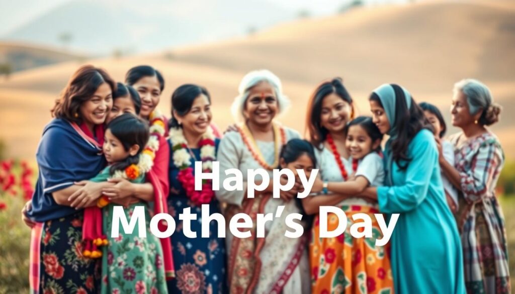 A vibrant celebration of global traditions for Mother's Day. In the foreground, a diverse group of mothers and children joyfully gather, embracing and sharing heartfelt moments. The middle ground showcases regional cultural elements, from flower garlands to traditional attire, representing the worldwide observance of this cherished day. In the background, a warm, soft-focused landscape sets the stage, evoking a sense of unity and timeless connection. The lighting is natural and diffused, creating a calming, reverent atmosphere that encapsulates the universal love and appreciation for mothers around the world.
