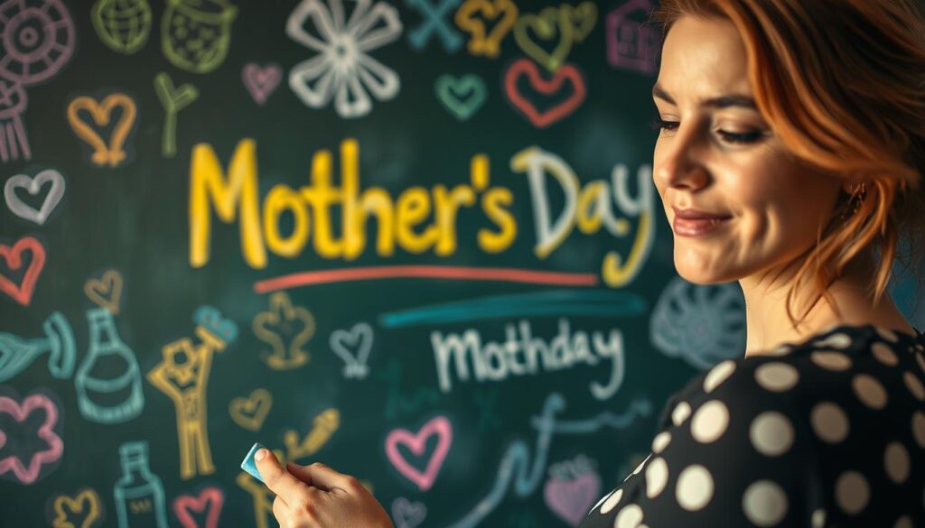 A vibrant chalkboard backdrop, with colorful chalk drawings and sketches adorning the surface. In the foreground, a woman's hand carefully crafts a unique handwritten message, her expression one of focused creativity. The lighting is warm and inviting, casting a natural glow over the scene. The overall atmosphere evokes a sense of playful inspiration, encouraging the viewer to unleash their own witty and heartfelt mother's day sentiments.