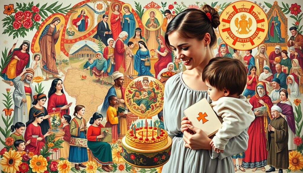 A vibrant collage depicting the diverse Muttertag traditions around the world. In the foreground, a mother and child embracing, surrounded by an array of cultural symbols - a bouquet of flowers, a traditional handcrafted card, a candle-lit cake. In the middle ground, a tapestry of global celebrations - families gathered for a festive meal, children presenting gifts, elders bestowing blessings. The background showcases a kaleidoscope of national costumes, religious iconography, and regional patterns, creating a harmonious tapestry of international Muttertag customs. Illuminated by soft, natural lighting, the scene conveys a sense of reverence, warmth, and universal love for mothers.