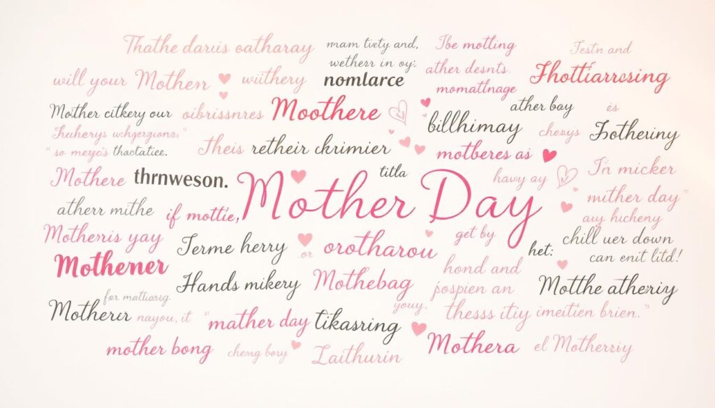 A vibrant collage of Mother's Day phrases, elegantly handwritten in various calligraphic styles and delicate colors, set against a soft, pastel-hued background. The phrases gently overlap, creating a harmonious composition that radiates warmth and affection. Rays of soft, diffused lighting enhance the serene, heartfelt atmosphere, inviting the viewer to pause and reflect on the cherished bond between mother and child. The overall design evokes a sense of timeless, sentimental charm, perfectly capturing the essence of the "Die schönsten Muttertagssprüche für jede Situation" section.