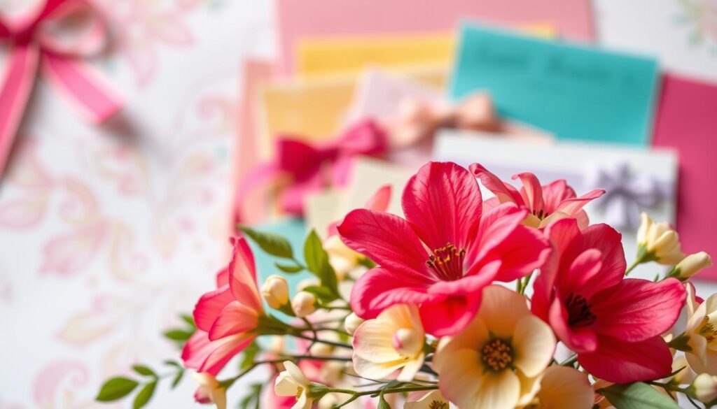 A vibrant collage of color and design elements, showcasing a variety of creative card design ideas. In the foreground, a delicate floral arrangement with vibrant petals and soft lighting, evoking a warm, inviting atmosphere. The middle ground features an array of textured papers, ribbons, and embellishments in a harmonious color palette, inviting the viewer to explore the possibilities of card design. In the background, a soft, blurred backdrop of pastel hues and subtle patterns, providing a calming and inspirational setting. The overall composition is balanced, with a focus on the interplay of color, texture, and design, capturing the essence of crafting beautiful and unique cards.