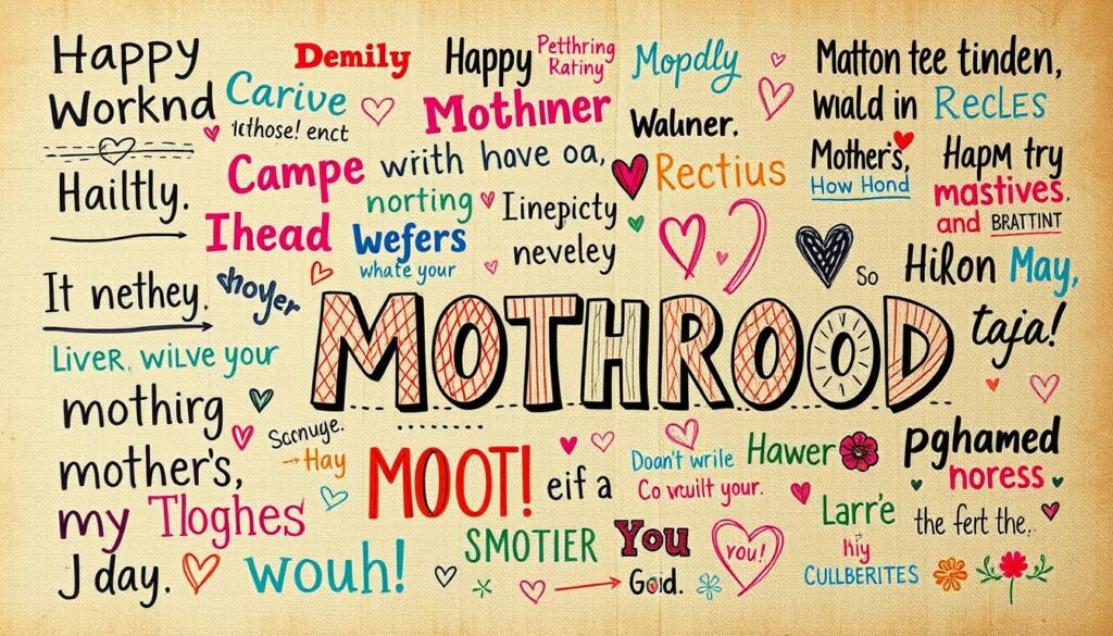 A vibrant collage of playful, hand-lettered typographic phrases against a warm, textured background. The foreground features a collection of witty, good-humored sayings about motherhood, rendered in a variety of colorful, expressive calligraphic styles. The middle ground showcases doodle-like illustrations of playful, childlike imagery such as flowers, hearts, and whimsical patterns. The background is a soft, muted patchwork of fabric textures, subtle gradients, and abstract shapes, providing a cozy, homespun ambiance. The overall composition conveys a lighthearted, joyful, and heartfelt celebration of the unique bond between mothers and their children.