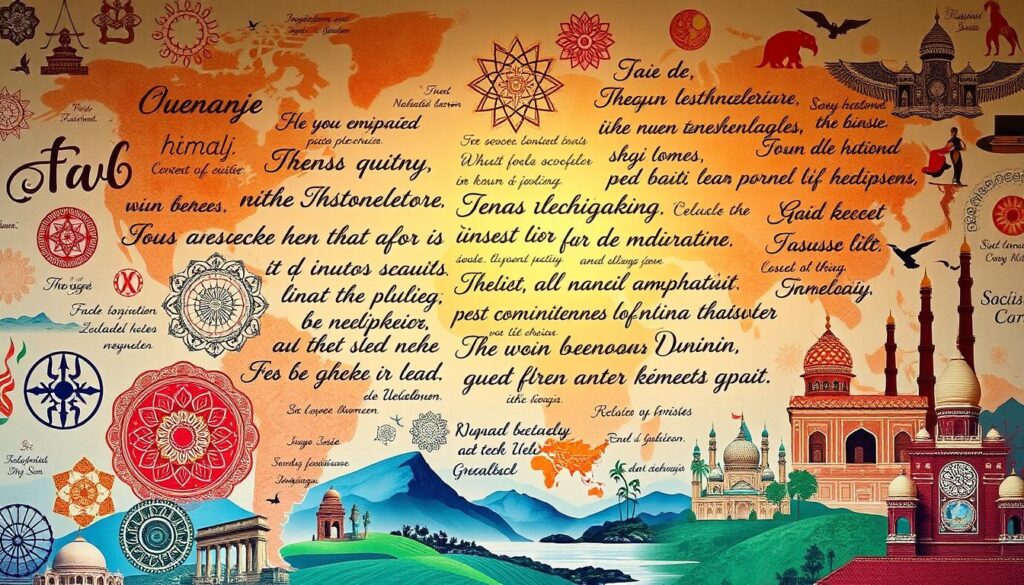 A vibrant collage showcasing a global tapestry of inspirational quotes, set against a backdrop of diverse cultural symbols and patterns. In the foreground, elegant calligraphic text in multiple scripts floats ethereally, casting a warm, contemplative glow. The middle ground features a patchwork of ornate mandalas, intricate textiles, and iconic architectural elements from various traditions. The background blends soft, dreamlike landscapes with subtle, shimmering gradients, evoking a sense of boundless possibility and interconnectedness. The lighting is soft and diffused, creating a serene, contemplative atmosphere. The overall composition captures the essence of "Globale Inspiration: Zitate aus verschiedenen Kulturen", inspiring viewers to reflect on the universal wisdom that transcends cultural boundaries.