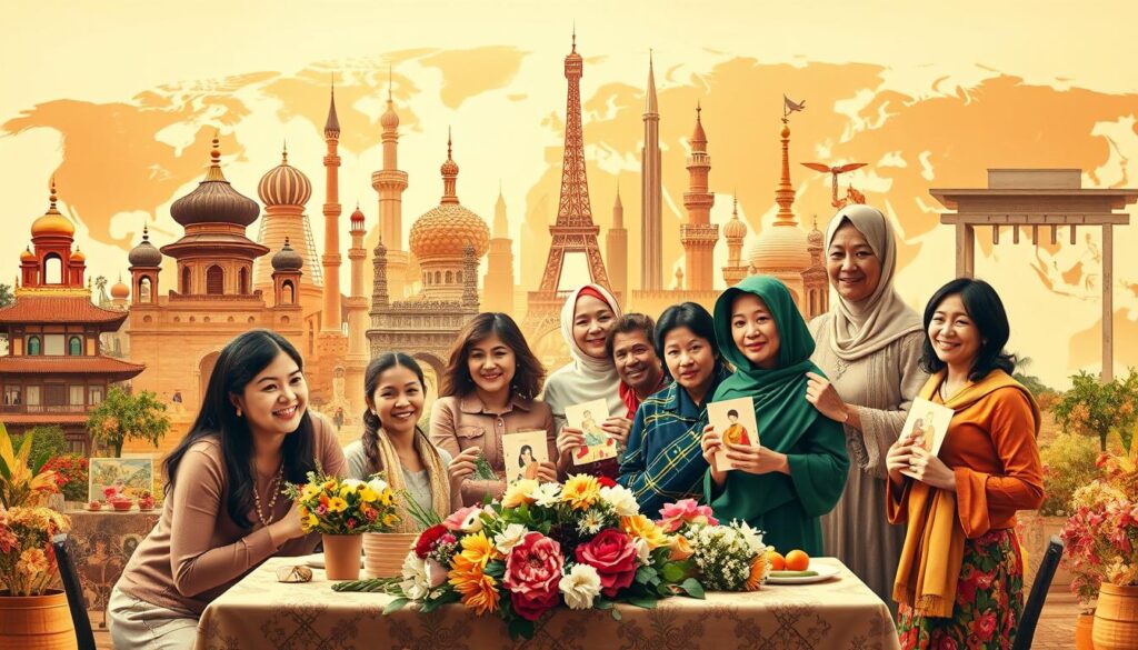 A vibrant collage showcasing the diverse celebrations of Mother's Day across different continents. In the foreground, a joyful family gathers around a table adorned with local floral arrangements and gifts. The middle ground features women of various ethnicities and ages, each holding a handmade card or bouquet. In the background, iconic landmarks from Asia, Europe, Africa, and the Americas create a global tapestry, reflecting the universal reverence for motherhood. Warm, golden lighting bathes the scene, creating a sense of unity and timelessness. The composition is framed with a wide, cinematic lens, capturing the breadth of cultural traditions that unite us in honoring our mothers.