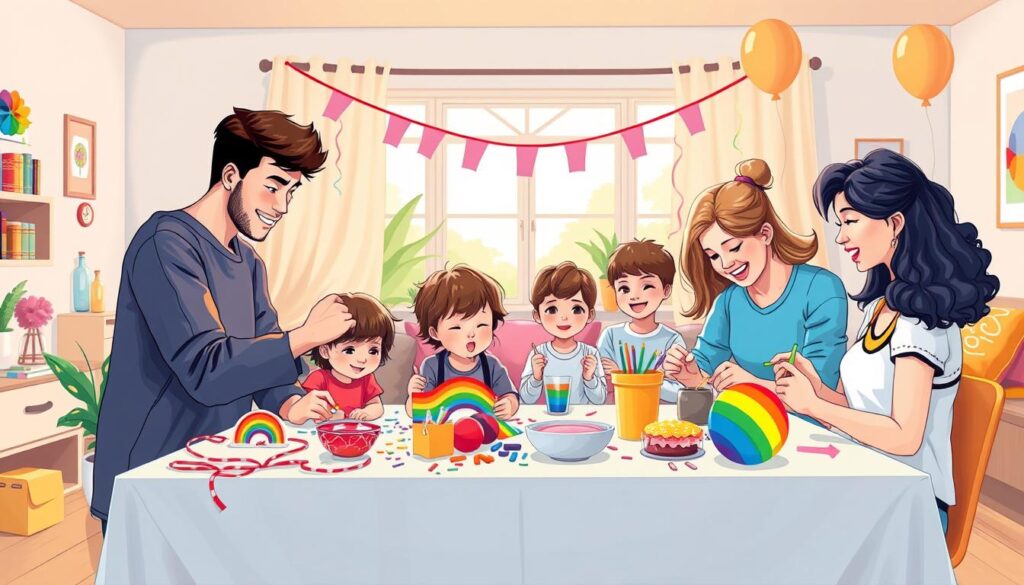 A vibrant, colorful illustration depicting the creative wishes and joyful celebrations of a diverse, loving LGBTQ+ family. In the foreground, a pair of same-gender parents and their children gather around a table, crafting handmade decorations and rainbow-themed arts and crafts. The middle ground showcases a lively living room setting, with playful streamers, balloons, and other whimsical decor. In the background, a warm, sunlit window frames the scene, casting a soft, natural glow. The overall atmosphere is one of warmth, inclusivity, and heartfelt expression, capturing the essence of a close-knit, progressive family embracing their unique identities and cherished traditions.
