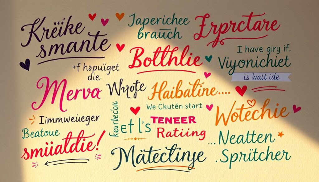 A vibrant composition of artistic calligraphic phrases and typographic flourishes, illuminated by soft, warm lighting and captured from a slightly elevated angle. The kreative sprüche feature a mix of elegant cursive scripts, bold geometric lettering, and whimsical doodle-like elements, all harmoniously blended against a subtly textured background. The overall mood is one of creativity, inspiration, and a touch of playfulness, perfectly suited to illustrate "Kreative Ideen für Muttertagssprüche".