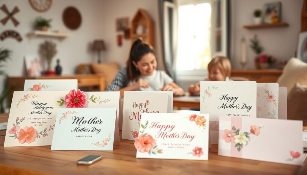 A vibrant composition showcasing a range of creative and heartfelt Mother's Day card designs. In the foreground, an array of handcrafted cards in pastel hues, adorned with delicate floral patterns, elegant calligraphy, and personalized messages. In the middle ground, a mother and child sitting at a rustic wooden table, collaborating on a handmade card, their expressions joyful and affectionate. The background features a warm, sun-dappled room with cozy furnishings, suggesting a relaxed, intimate setting perfect for crafting sentimental keepsakes. The lighting is soft and diffused, creating a gentle, inviting atmosphere. Captured with a shallow depth of field, the image focuses the viewer's attention on the heartfelt details of the Mother's Day card designs.