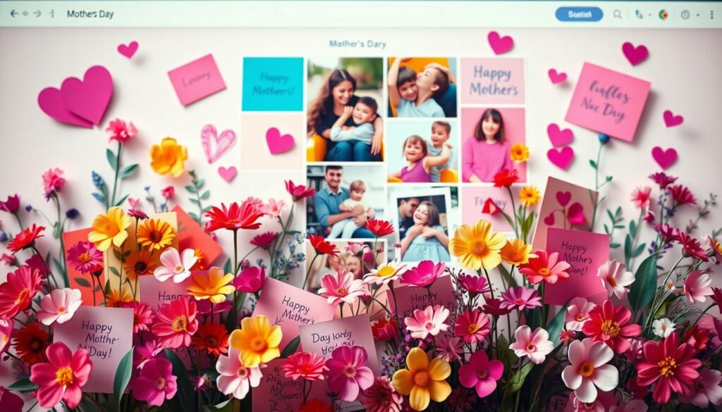 A vibrant, digital garden of Mother's Day greetings and wishes blossoms on a social media feed. In the foreground, an artful arrangement of colorful, handmade cards, flowers, and other heartfelt mementos flow across the screen, each radiating a warm, loving message. The middle ground features a collage of joyful family portraits, candid snapshots, and emotive illustrations that capture the spirit of this special day. In the background, a softly-lit, pastel-toned interface provides a serene, inviting canvas for these digital expressions of gratitude and appreciation. Subtle shadows and reflections add depth and dimension, while a delicate balance of composition and lighting creates an atmosphere of intimacy andConnection.