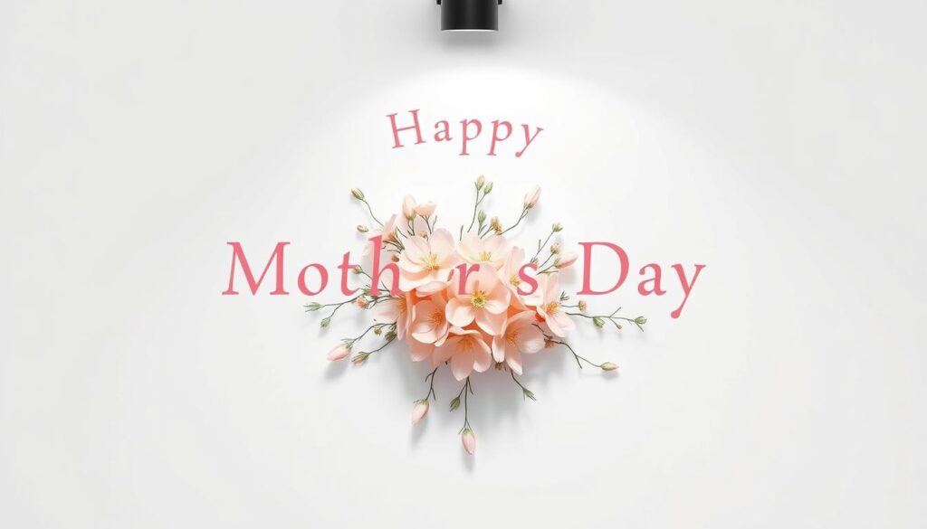 A vibrant digital greeting for Mother's Day, showcasing a modern and minimalist aesthetic. A central design element features a delicate floral arrangement, with soft pastel hues and a touch of metallic accents, set against a clean, white background. The composition is balanced and visually striking, creating a sense of warmth and celebration. Subtle lighting from above casts gentle shadows, adding depth and dimension to the image. The overall mood is one of elegance and simplicity, perfectly capturing the spirit of this special occasion.
