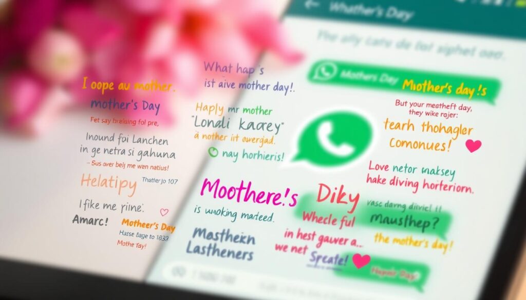 A vibrant digital illustration depicting a series of heartfelt Mother's Day messages displayed on the WhatsApp messaging interface. The foreground showcases an arrangement of colorful, handwritten-style text in various languages, expressing sentiments of love, gratitude, and appreciation for mothers. The background features a soft, blurred WhatsApp chat interface, with subtle textures and tones evoking a warm, intimate atmosphere. The entire scene is bathed in a gentle, natural lighting, creating a sense of authenticity and personal connection. The composition is balanced and visually engaging, inviting the viewer to explore the meaningful messages and the digital medium they are presented in.