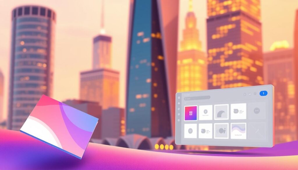 A vibrant digital landscape, with a sleek and modern aesthetic. In the foreground, a stylized digital greeting card hovers, its design a harmonious blend of geometric shapes and soft gradients. The middle ground features a minimalist interface, showcasing customizable card templates and editing tools. In the background, a gently blurred cityscape of towering skyscrapers and glowing windows, conveying a sense of urban sophistication. Warm, soft lighting bathes the scene, creating a contemporary and inviting atmosphere. The overall impression is one of a seamless digital experience, where creativity and technology converge to offer a fresh take on traditional card-making.
