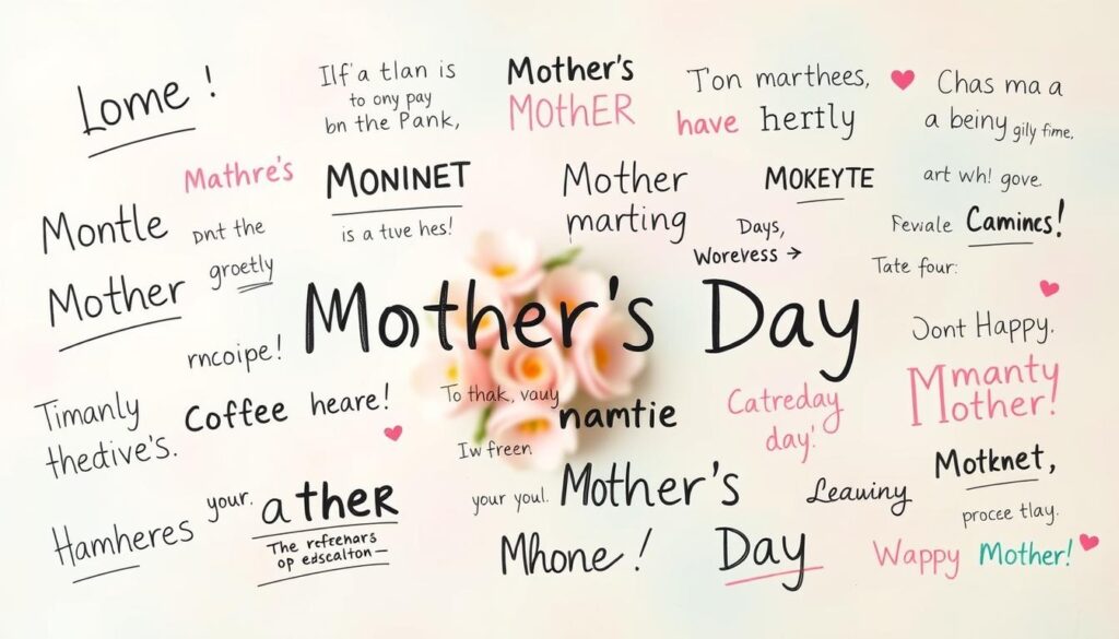 A vibrant display of handwritten, humorous mother's day phrases against a cheerful, pastel-colored background. The foreground features an assortment of whimsical, hand-lettered messages in a variety of playful fonts and scripts, arranged in a dynamic composition that fills the frame. The middle ground incorporates a soft, defocused floral pattern, adding a touch of warmth and femininity. The background maintains a light, airy atmosphere with subtle gradients and a hint of texture, creating a cohesive, visually appealing scene. The overall mood is joyful, lighthearted, and celebrates the spirit of Mother's Day.
