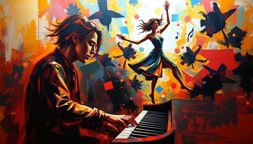 A vibrant expressionist painting depicting the interplay of music and art as a means of emotional expression. In the foreground, a figure plays a piano, their hands moving fluidly across the keys, while abstract brushstrokes of color swirl around them, mirroring the depth of their feelings. The middle ground features a dancer, their limbs gracefully extending as they move to the rhythm of the music, their movements evoking a sense of joy and liberation. In the background, a kaleidoscope of shapes and hues coalesces, suggesting the transformative power of the creative arts to channel and amplify human emotions. Warm, atmospheric lighting casts a mellow glow, enhancing the introspective and emotive atmosphere. The overall composition is striking and evocative, inviting the viewer to connect with the profound relationship between music, art, and the human experience.