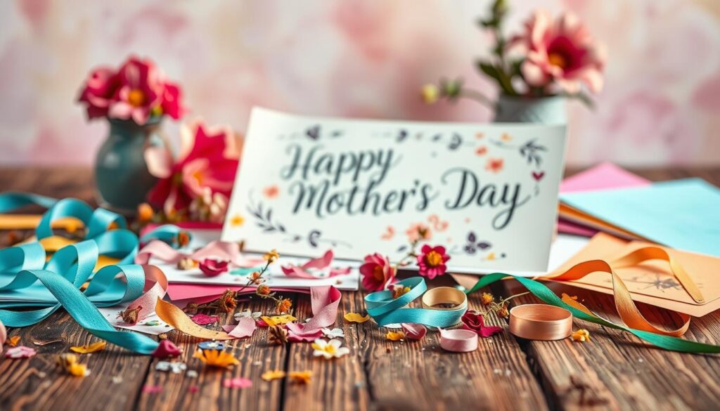 A vibrant, hand-crafted Mother's Day card scene. In the foreground, an assortment of colorful paper, ribbons, and craft supplies spill across a rustic wooden table. Delicate floral accents, such as pressed flowers and vibrant paint splatters, add a whimsical touch. The middle ground features a creative card design in progress, with sketched designs and calligraphic text. Soft, warm lighting casts a gentle glow, evoking a cozy, inspirational atmosphere. The background blurs into a dreamy, pastel-hued backdrop, hinting at the endless possibilities for unique, personalized Mother's Day greetings.