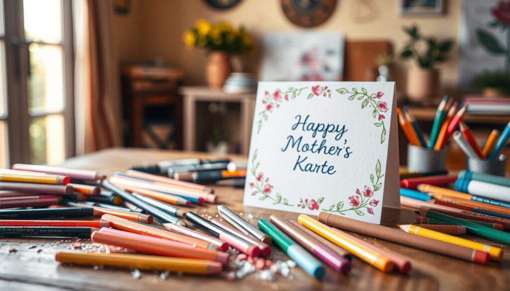 A vibrant, hand-drawn "Kreative Karte" centered on a wooden table, showcasing an array of colorful art supplies. In the foreground, a mix of markers, colored pencils, and paintbrushes spill across the table, hinting at a creative process in progress. The middle ground features a blank card, its cover adorned with floral and leaf motifs, suggesting a personalized Mother's Day design. The background depicts a warm, cozy room, with natural light streaming through a nearby window, casting a soft, inviting glow over the scene. The overall atmosphere is one of artistry, imagination, and a heartfelt celebration of motherhood.