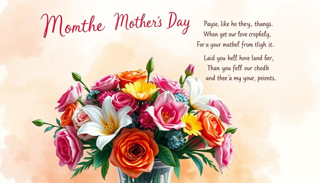 A vibrant, hand-drawn illustration depicting a mother's day poem. In the foreground, a bouquet of colorful flowers, including roses, lilies, and carnations, arranged in an elegant vase. Floating above the flowers, whimsical lettering with playful rhymes and verses, conveying heartfelt gratitude and appreciation for a mother's love. The background features a soft, watercolor-inspired wash of warm, muted colors, creating a cozy, inviting atmosphere. The overall composition has a tactile, artistic quality, evoking a sense of creativity, emotion, and reverence for the special bond between a mother and child.
