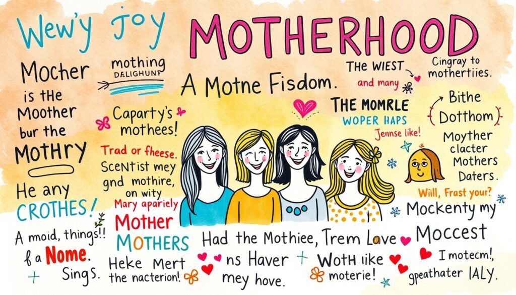 A vibrant, hand-drawn illustration depicting a series of humorous, colorful phrases and sayings about motherhood. The foreground features whimsical, hand-lettered text in a variety of playful fonts and styles, capturing the spirit of witty, relatable motherly wisdom. The middle ground showcases a diverse cast of smiling, caricatured mothers in a lively, cheerful setting, surrounded by playful doodles and illustrations that complement the text. The background is a warm, textured, watercolor-inspired landscape, creating a charming, handcrafted aesthetic. The overall mood is lighthearted, uplifting, and celebratory, reflecting the joys and humor of motherhood.