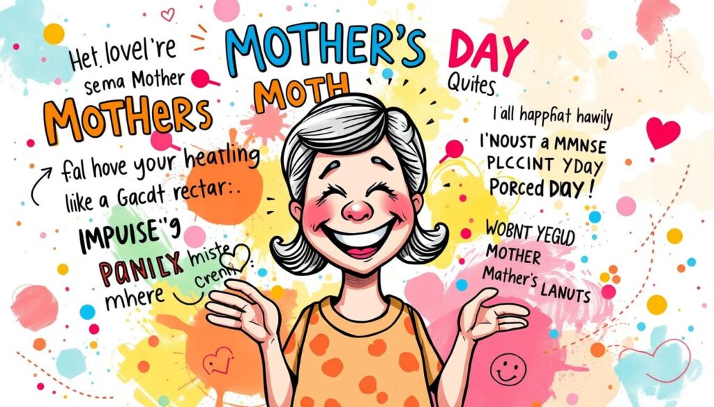 A vibrant, hand-drawn illustration of humorous mother's day quotes, rendered with a playful, whimsical aesthetic. In the foreground, a charming cartoon-style mother figure gestures expressively, her face alight with a mischievous grin. Surrounding her, a collage of colorful, tongue-in-cheek phrases float and tumble, capturing the spirit of a loving, good-natured matriarch. The middle ground features a colorful, abstract background, with splashes of paint, doodles, and playful graphic elements that complement the upbeat mood. The overall scene is illuminated by warm, diffused lighting, creating a cheerful, hand-crafted ambiance. The composition is dynamic, drawing the viewer's eye through the playful arrangement of text and imagery.