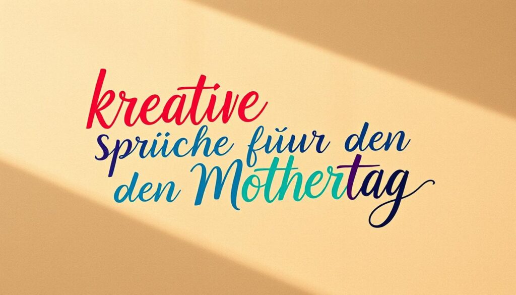 A vibrant, hand-lettered calligraphic composition on a textured, kraft paper background. The words "kreative Sprüche für den Muttertag" are masterfully rendered in a flowing, organic script, with dynamic flourishes and subtle color variations. The layout is balanced, with ample negative space to create a sense of elegance and sophistication. Soft, warm lighting from an angled source casts gentle shadows, adding depth and dimension to the scene. The overall mood is celebratory and inspirational, perfectly capturing the spirit of Mother's Day.