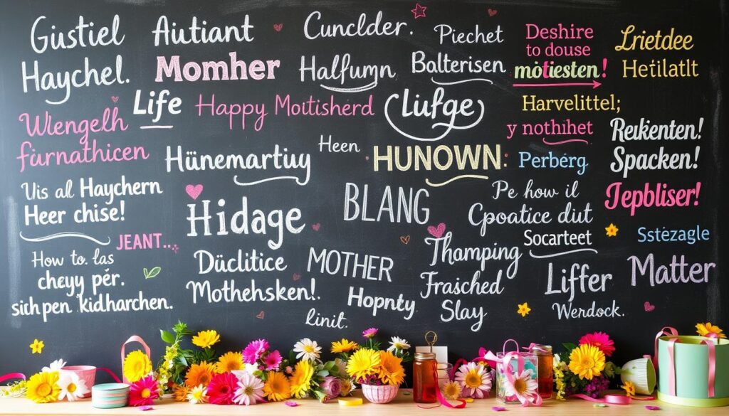 A vibrant, hand-lettered chalkboard backdrop with a whimsical collection of humorous mother's day quotes scrawled across it. The chalked text appears in a variety of playful fonts and colors, creating a lighthearted, cheerful composition. In the foreground, a scattering of colorful flowers, ribbons, and other celebratory elements add a festive, homemade touch. The lighting is soft and diffused, casting a warm, inviting glow over the whole scene. The overall mood is one of joyful appreciation and a touch of silliness, perfectly capturing the spirit of "Lustige Muttertagssprüche für ein Lächeln".