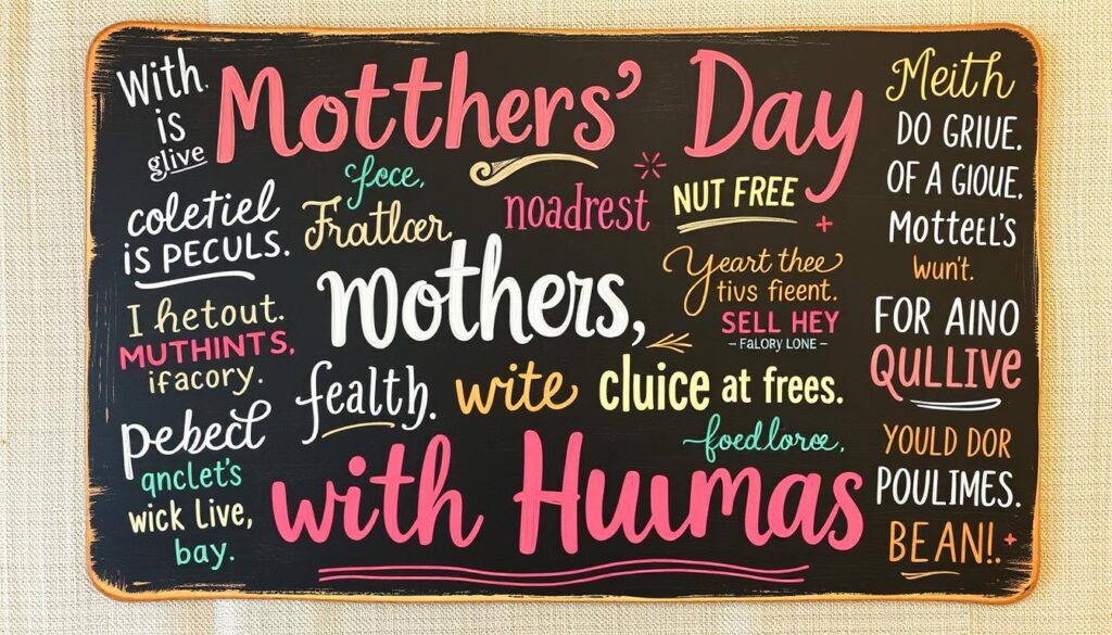 A vibrant, hand-lettered chalkboard display featuring a playful collection of the "best witty quotes" for mothers. The quotes are artfully arranged in a whimsical, freeform layout, with a mix of cursive, block, and playful lettering styles in a warm, earthy color palette. The background is a rustic, textured surface, perhaps a vintage wooden plank or a linen-like fabric, adding a cozy, homespun feel. The overall composition has a cheerful, lighthearted mood, capturing the spirit of "Mothers' Day with Humor" and the joy of sharing "the best witty quotes for mamas".