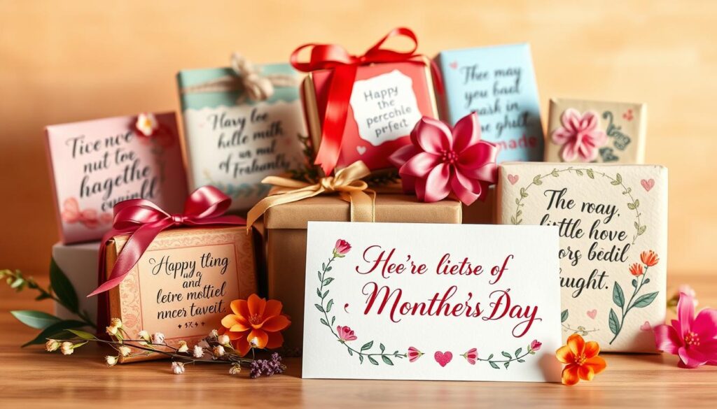 A vibrant, hand-painted assortment of Mother's Day gifts against a soft, warm background. In the foreground, an elegant greeting card with a heartfelt, calligraphic message in a mix of languages. Surrounding it, a variety of artfully crafted presents, each adorned with thoughtful, inspirational phrases in flowing scripts. Delicate floral accents, a hint of golden light, and a sense of joyful celebration create a charming, personalized display - a thoughtful homage to the mothers and caregivers in our lives.