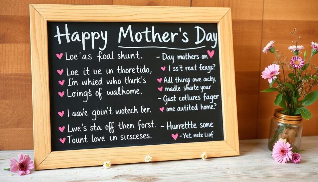 A vibrant, hand-painted chalkboard sign displaying a collection of playful, heartfelt WhatsApp messages for Mother's Day. The board is set against a warm, rustic background, with a natural wood frame and a sprinkling of delicate floral accents. The messages are written in a flowing, modern calligraphy style, conveying messages of love, gratitude, and appreciation for a cherished mother figure. The overall scene exudes a cozy, homespun atmosphere, perfect for sharing in digital conversations and celebrating the special bond between mothers and their loved ones.