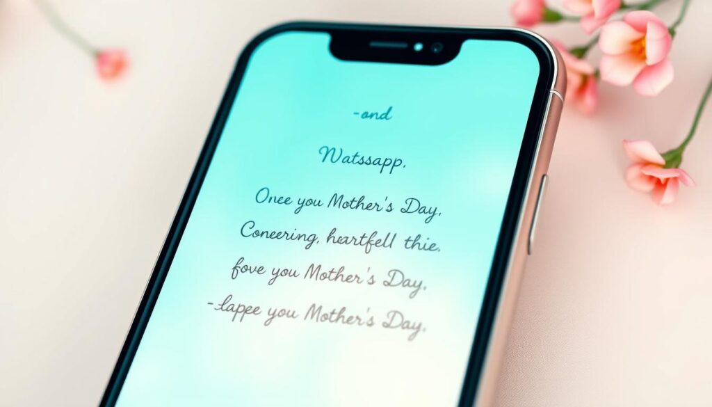 A vibrant, hand-painted illustration of a series of WhatsApp messages on a smartphone screen, showcasing heartfelt, short-form messages for Mother's Day. The messages are displayed in a delicate, cursive font against a soft, pastel-colored background that evokes a sense of warmth and sentimentality. The composition features the smartphone in an angled perspective, with the screen taking up the central focus, surrounded by subtle floral or botanical elements that frame the display. The lighting is soft and diffused, creating a gentle, dreamlike atmosphere that captures the tender, emotional nature of the messages. The overall aesthetic blends modern digital elements with a touch of handcrafted charm, reflecting the concise yet profound sentiments expressed within.