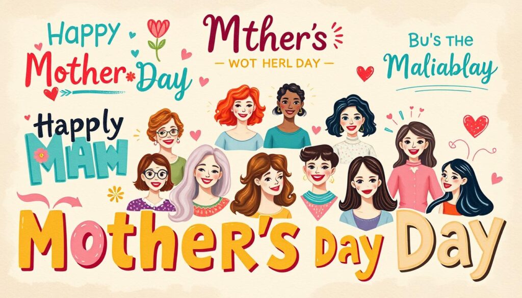 A vibrant, hand-painted illustration of whimsical Mother's Day phrases in English. The foreground features a lively mix of colorful typographic designs, with playful text layouts and quirky accents like flowers, hearts, and ribbons. The middle ground showcases a diverse array of mothers from different backgrounds, captured in cheerful, expressive poses. The background has a warm, textured wash of pastel hues, lending an inviting, nostalgic atmosphere. Soft, diffused lighting creates a charming, artisanal feel, as if the image was created with brushstrokes and mixed media. The overall composition is balanced, energetic, and celebrates the joy and humor of Mother's Day sentiments.