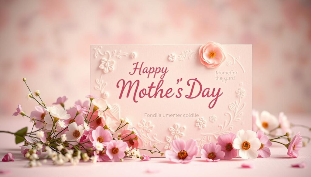 A vibrant, handcrafted Mother's Day card set against a soft, pastel background. In the foreground, delicate floral arrangements in shades of pink, lavender, and white spill across the card's surface, complemented by whimsical floral illustrations or intricate, embossed patterns. The middle ground features a mix of thoughtful, heartfelt messages or simple, elegant typography expressed in a calligraphic style. The background gently blurs, creating a dreamlike, nostalgic atmosphere that evokes the warmth and sentiment of the occasion. Soft, diffused lighting casts a gentle glow, lending an air of intimacy and care. The overall composition conveys a sense of creativity, personalization, and the profound love and appreciation for motherhood.