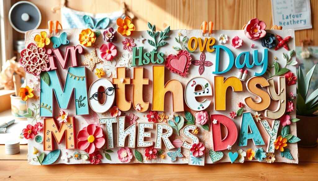 A vibrant, handcrafted collage depicting the creative design of Mother's Day phrases. In the foreground, an array of colorful paper textures, vibrant paints, and playful embellishments come together to form whimsical lettering and illustrated motifs. The middle ground features a variety of calligraphic styles, floral patterns, and abstract shapes that complement the central message. The background suggests a warm, sun-dappled workspace, with natural wood tones and a touch of rustic charm. The overall impression is one of heartfelt artistry, capturing the joy and appreciation inherent in crafting meaningful Mother's Day sentiments.