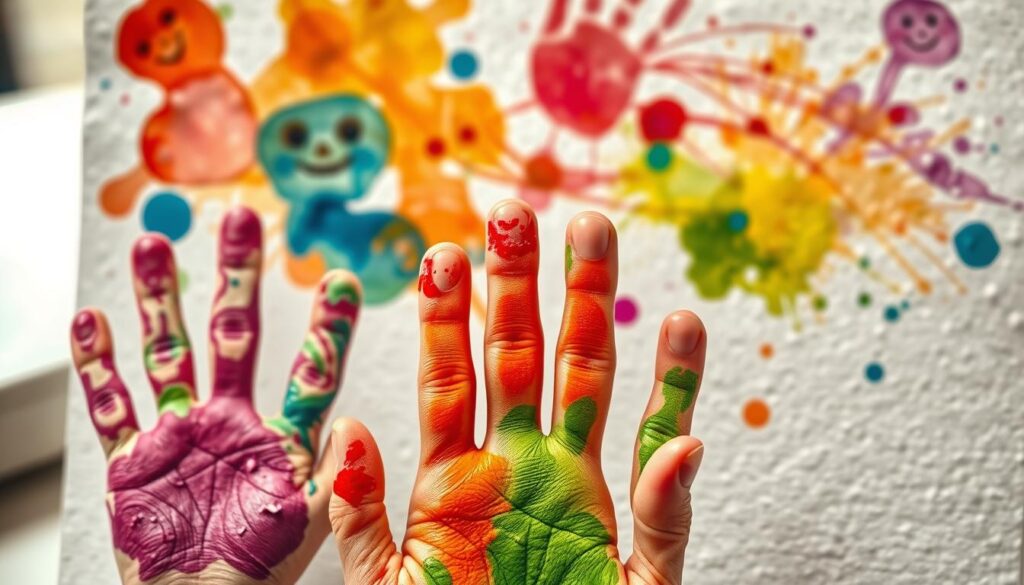 A vibrant, handmade fingerprint card with a warm, joyful atmosphere. In the foreground, a colorful array of paint-dipped fingers make playful, expressive prints on a textured watercolor paper background. The middle ground features swirling, organic splashes of vivid paint in a rainbow of hues, creating a sense of movement and creativity. The background is softly blurred, allowing the focus to remain on the captivating fingerprint designs. Soft, diffused lighting casts a gentle glow, emphasizing the handcrafted, homemade quality. Captured with a shallow depth of field to highlight the intricate details and textures of the card.