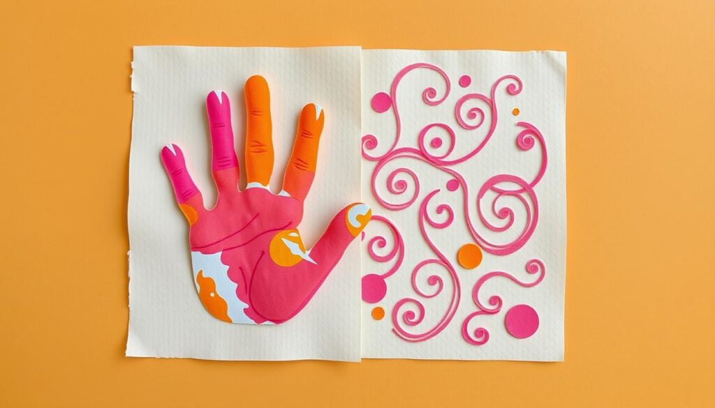 A vibrant, handmade paper collage depicting a child's hand imprint on a textured background. The foreground features a detailed, colorful handprint in shades of pink, orange, and yellow against a soft, neutral backdrop. The middle ground showcases a playful, organic pattern of swirling lines and shapes, evoking a sense of movement and creativity. The background is a warm, earthy tone, providing a natural, calming contrast. Warm, diffused lighting casts a gentle glow, highlighting the tactile, handmade quality of the materials. The overall composition conveys a heartfelt, homemade aesthetic, perfect for a Mother's Day card or craft project.