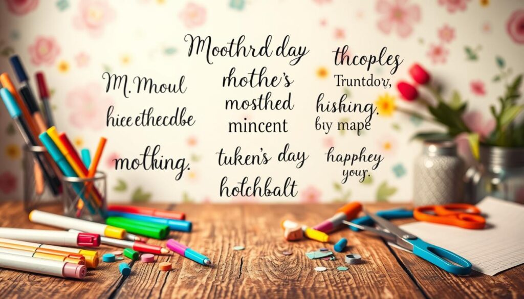 A vibrant, handmade-style image showcasing the creative implementation of DIY Mother's Day gift slogans. In the foreground, an assortment of crafting supplies - colorful markers, paints, scissors, and patterned paper - are scattered artfully across a textured wooden surface. In the middle ground, a series of handwritten phrases in flowing calligraphy float within the composition, each one a unique, heartfelt message for mothers. The background features a cheerful, abstract floral pattern in soft pastels, evoking a sense of joy and celebration. Warm, directional lighting casts gentle shadows, highlighting the tactile, homemade quality of the scene. The overall impression is one of whimsical, artistic DIY inspiration.