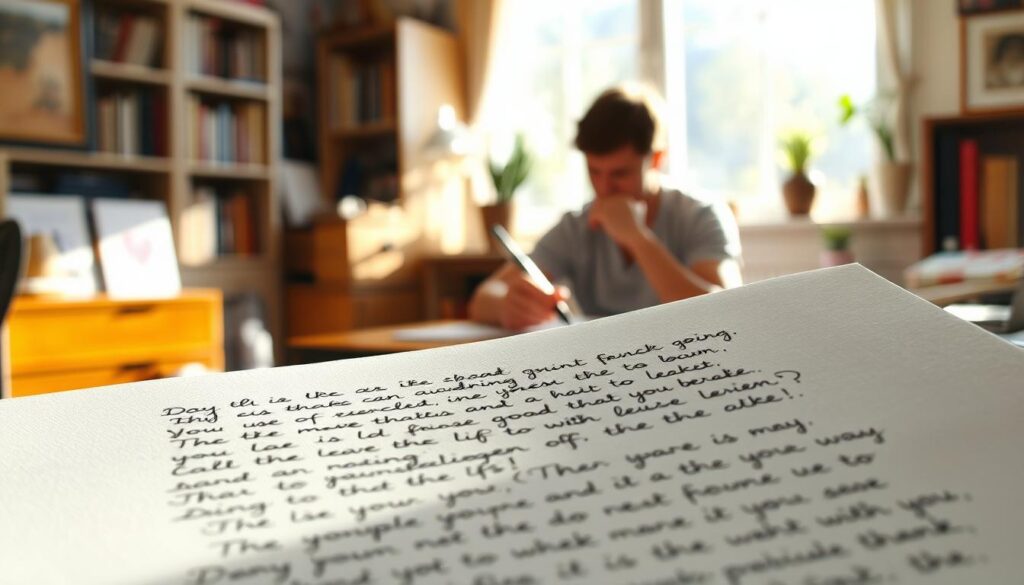 A vibrant, handwritten poem fills the foreground, its words flowing across the page with graceful strokes. In the middle ground, a person sits at a desk, pen in hand, deep in thought as they contemplate their next lines. Soft, natural light filters in from a window, casting a warm glow over the scene. The background is a cozy, inviting space, with bookshelves and inspirational objects that spark creativity. The overall atmosphere is one of focus, contemplation, and the joy of self-expression through the written word.