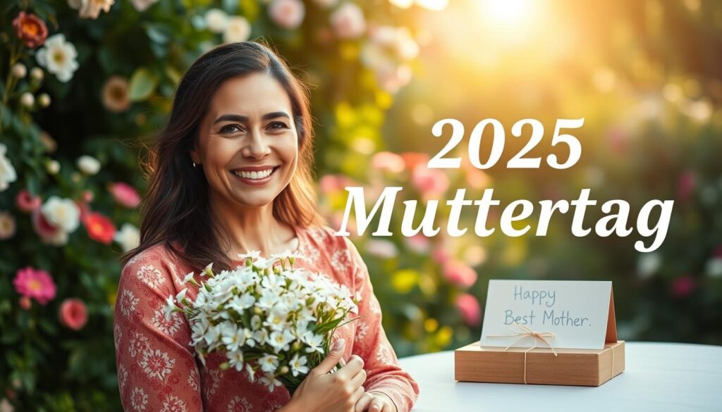 A vibrant, heartfelt celebration of Muttertag 2025, honoring the best mother. In the foreground, a radiant woman with a warm, loving expression holds a bouquet of delicate flowers, her gaze filled with maternal pride. Surrounding her, a lush, verdant garden backdrop with blooming flowers and a soft, golden light filtering through. In the middle ground, a simple, elegant table setting with a hand-crafted card and a personalized gift, conveying the thoughtfulness and appreciation for this special woman. The entire scene radiates a sense of joy, gratitude, and the deep bond between a mother and child, capturing the essence of Muttertag as a cherished Ehrentag.