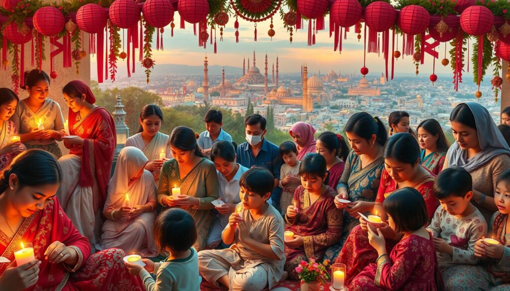 A vibrant mosaic of global Mothering Day traditions, captured in a cinematic wide-angle shot. In the foreground, a diverse array of mothers and children from various cultures engage in heartwarming celebrations - lighting candles, exchanging handmade cards, and sharing traditional sweets. The middle ground features a tapestry of colorful fabrics, intricate decorations, and symbolic offerings representing the unique customs of different nations. In the distant background, an ethereal golden-hour glow illuminates a panoramic skyline of iconic landmarks, hinting at the worldwide scope of this cherished holiday. The scene exudes a sense of unity, joy, and timeless familial bonds transcending geographical and cultural boundaries.