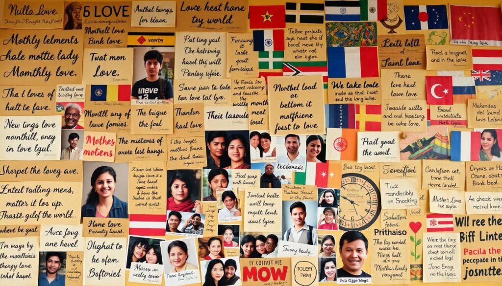 A vibrant, multicultural collage showcasing a diverse array of international proverbs and sayings, handwritten in various scripts and languages against a backdrop of warm, earthy tones. The foreground features a patchwork of handwritten phrases in elegant calligraphy, brushwork, and typography, conveying messages of love, wisdom, and global unity. The middle ground presents snapshots of people from around the world, their faces reflecting the universality of motherly love. In the background, a mural-like composition of flags, cultural icons, and symbolic elements creates a sense of worldwide connection. Soft, diffused lighting and a textured, artisanal aesthetic evoke a sense of timeless, heartfelt global harmony.