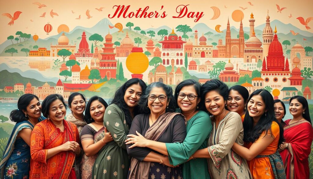 A vibrant, multicultural scene depicting the cultural significance of Mother's Day across the globe. In the foreground, a diverse group of women from different ethnic backgrounds embrace and celebrate together, their faces alight with joy. In the middle ground, traditional attire, artwork, and symbols representing various cultural traditions are prominently displayed. The background features a tapestry of landscapes, cityscapes, and architectural styles, showcasing the worldwide reach and diversity of Mother's Day observances. Soft, warm lighting casts a serene, unifying glow over the entire composition, highlighting the universal themes of motherhood, family, and cultural exchange.