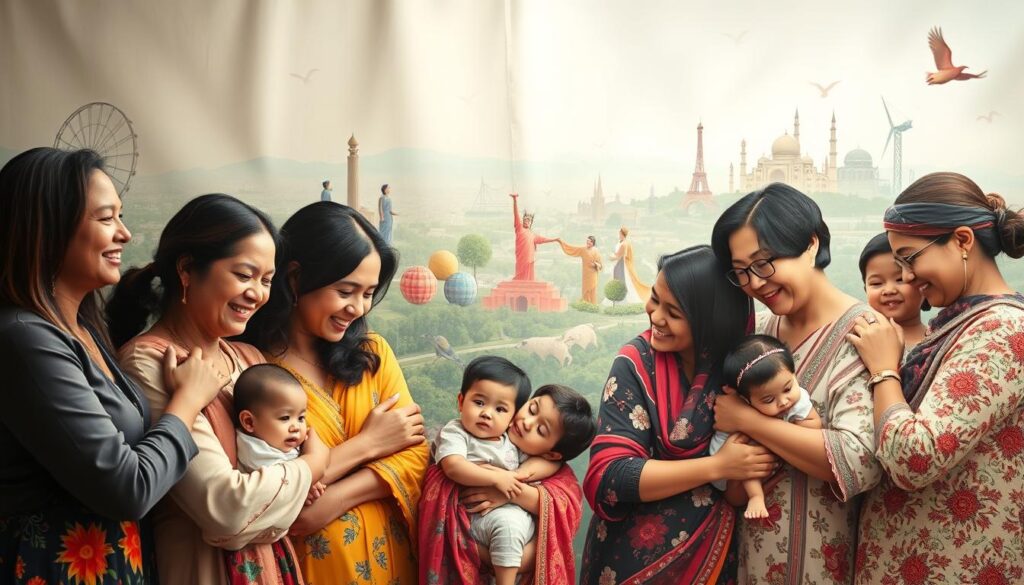 A vibrant, multicultural tapestry depicting the global significance of motherhood. In the foreground, a diverse group of mothers from various ethnicities and backgrounds hold their children close, their faces radiating warmth and unconditional love. In the middle ground, symbolic elements representing the universal values of nurturing, sacrifice, and resilience that mothers embody worldwide. The background features a panoramic view of the world, with landmarks and landscapes from different continents, highlighting the worldwide reach and influence of mothers. Soft, diffused lighting casts a gentle, contemplative glow, evoking a sense of reverence and appreciation for the profound role of mothers globally.