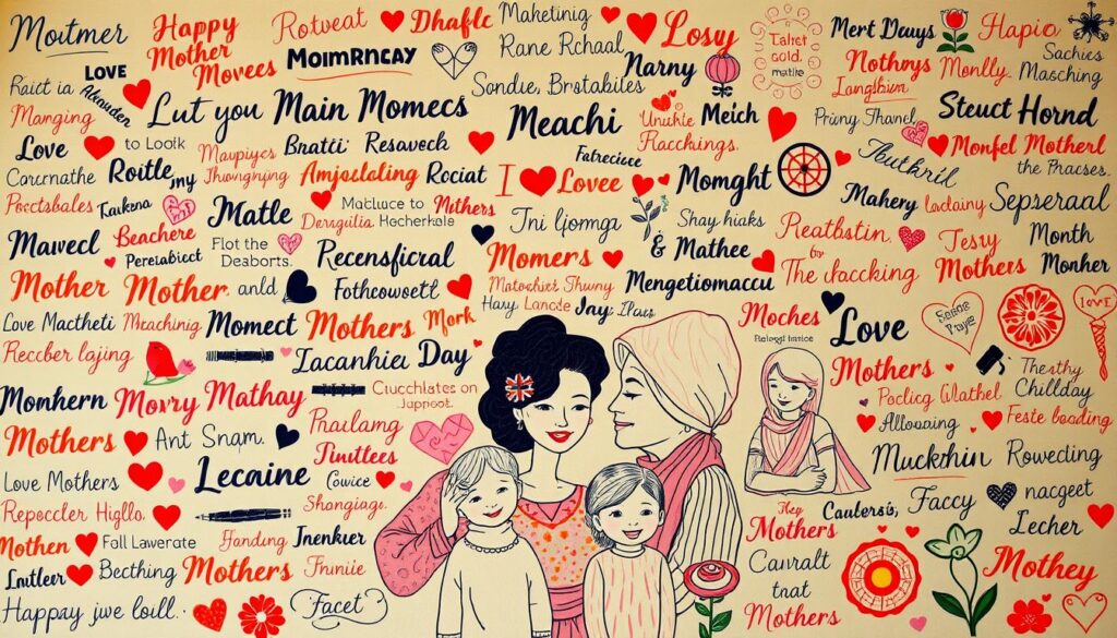 A vibrant, multicultural tapestry of thoughtful, heartfelt expressions fills the frame. In the foreground, an elegant array of hand-lettered phrases in diverse scripts and languages shimmer with a soft, warm glow, reflecting the unity and diversity of modern motherhood. The middle ground features stylized illustrations of mothers and children from around the world, their faces radiating love and joy. In the background, a kaleidoscope of cultural motifs, patterns, and symbols weaves a rich, textured backdrop, creating a sense of global connection. Subtle lighting casts a dreamlike, ethereal atmosphere, capturing the universal sentiments of appreciation and celebration for mothers of all backgrounds.