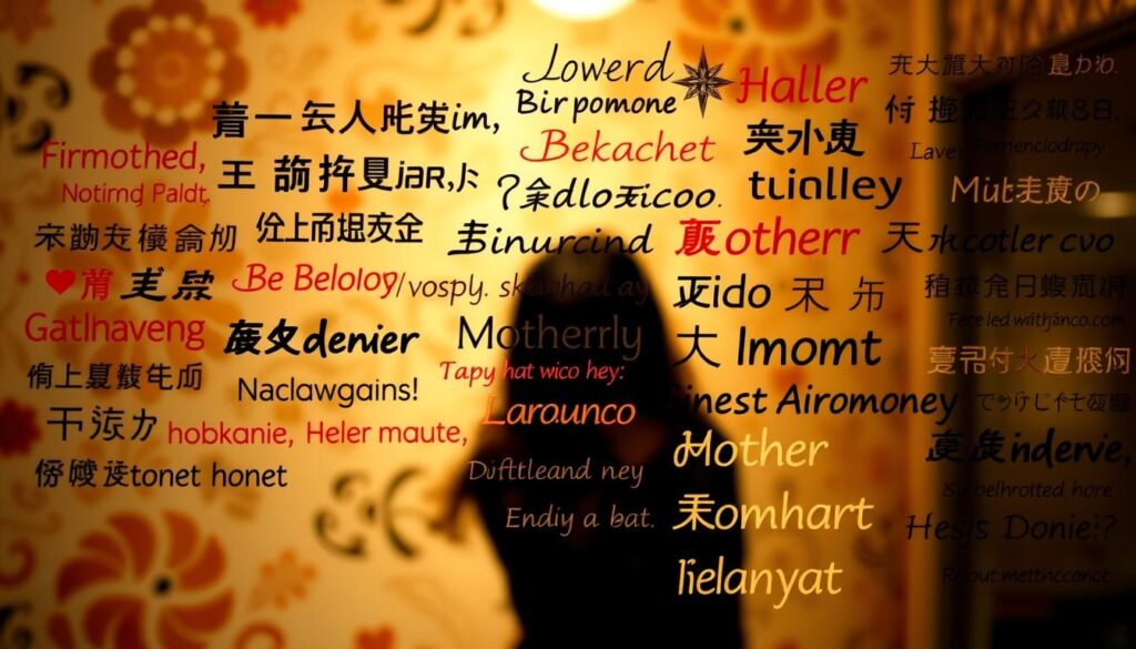 A vibrant, multilingual display of beloved motherly phrases, captured in a rich, artistic composition. In the foreground, heartfelt expressions in various scripts and typography styles - Chinese, Arabic, Hindi, and more - elegantly intertwine, evoking a sense of global celebration. The middle ground features a soft, blurred backdrop of textured patterns and shapes, hinting at the diversity of cultures. Warm, ambient lighting casts a gentle, inviting glow, while the camera angle provides a compelling, partially obscured perspective, drawing the viewer in. The overall mood is one of international unity, showcasing the universal sentiment of motherly love through the lens of diverse linguistic traditions.