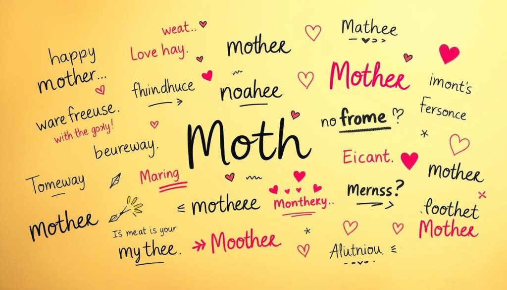 A vibrant, playful illustration showcasing a variety of humorous and affectionate mother-themed phrases handwritten in a whimsical, expressive calligraphic style. The phrases float against a warm, softly-colored background, creating an intimate, joyful atmosphere. The foreground features a mix of cursive text, doodles, and playful graphic elements that complement the lighthearted tone. The composition is well-balanced, with the handwritten elements taking center stage while the background provides a subtle, complementary visual backdrop. Lighting is gentle and diffused, creating a cozy, inviting ambiance. The overall aesthetic conveys a sense of maternal love and appreciation through creative, witty expressions.