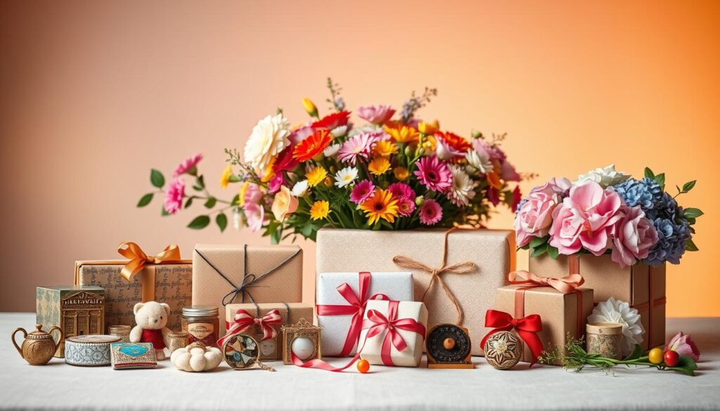 A vibrant still life capturing the essence of international gift ideas for Mother's Day. In the foreground, an assortment of thoughtful presents - intricately crafted trinkets, artisanal souvenirs, and cultural keepsakes from around the world. The middle ground showcases a diverse array of flowers, their blooms representing the rich tapestry of global traditions. In the background, a softly lit, minimalist setting, allowing the gifts and florals to take center stage. Warm lighting casts a serene glow, evoking a sense of unity and heartfelt sentiments. The composition is balanced and visually harmonious, capturing the spirit of cultural diversity and international connections.