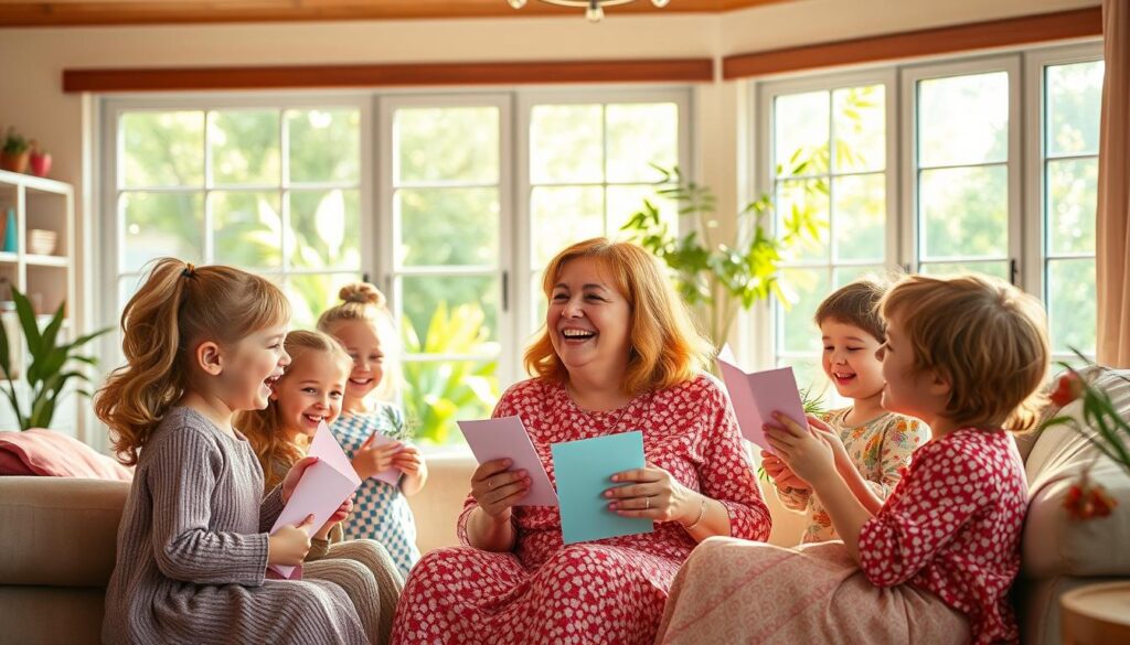 A vibrant, whimsical scene depicting a heartwarming celebration of mothers on Mother's Day. In the foreground, a group of children, each with a bright, joyful expression, presents handmade gifts and cards to their beaming mother, their laughter and affection palpable. In the middle ground, a cozy, sun-dappled living room setting with plush furnishings and cheerful decor, creating a sense of warmth and comfort. The background features a lush, verdant garden visible through large windows, adding a touch of natural beauty and serenity to the overall composition. The lighting is soft and gentle, casting a golden glow that envelops the entire scene, capturing the spirit of familial love and the importance of humor and celebration on this special day.