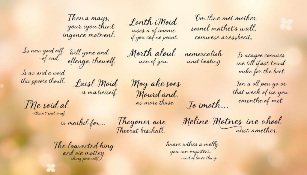 A visually striking arrangement of handwritten, typographic quotes against a softly blurred, pastel-hued background. The quotes, in a variety of elegant cursive and calligraphic styles, are thoughtfully positioned across the composition, creating a harmonious, balanced layout. Hints of floral or botanical elements add a gentle, nurturing touch, subtly evoking the theme of motherhood. The lighting is warm and diffused, imbuing the scene with a sense of tranquility and comfort. The overall mood is one of reverence, appreciation, and heartfelt sentiment towards the special bond between mothers and their loved ones.